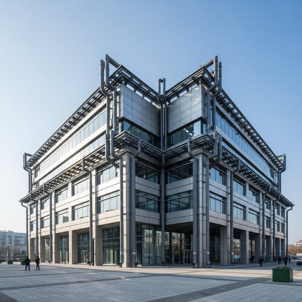 Tall clean glass and concrete commercial building exterior under a clear sky