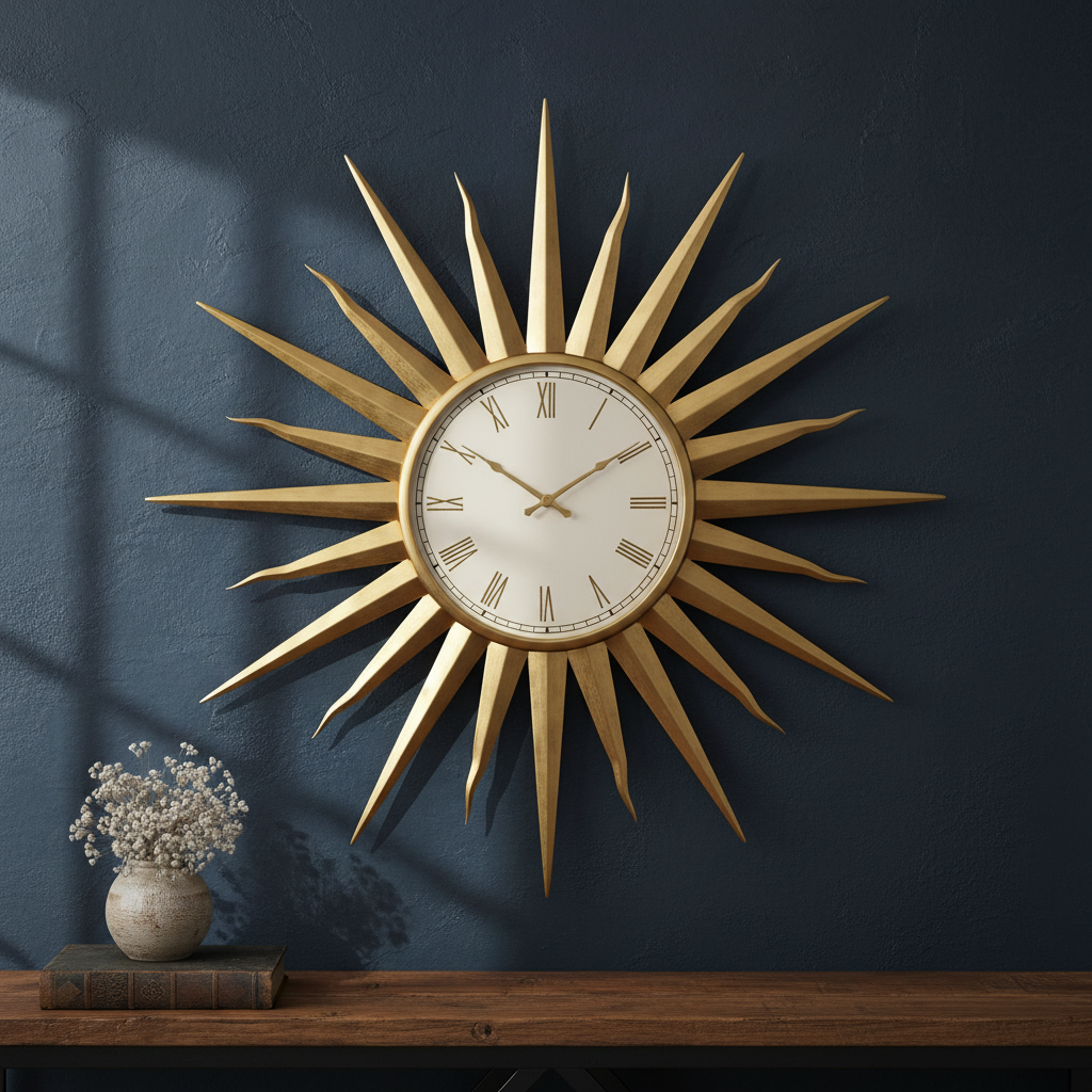 Solaris Burst — Mid-Century Sunburst wall clock, 24 inches diameter, Ivory enamel with brass Roman numerals and sunray indices