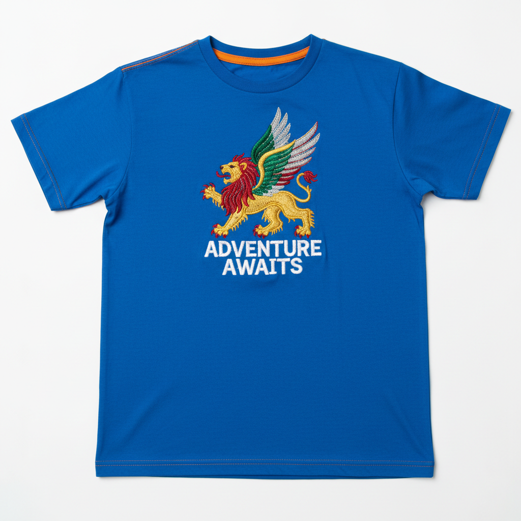 Vibrant personalized tee with custom embroidery, contrast stitching on collar, chosen fabric weight