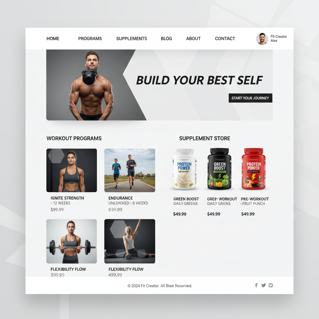Fitness creator link page showing workout programs and supplement store