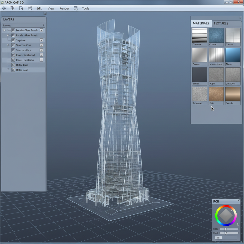 3D architectural model of a supertall tower in modeling software with layer panels and material libraries visible