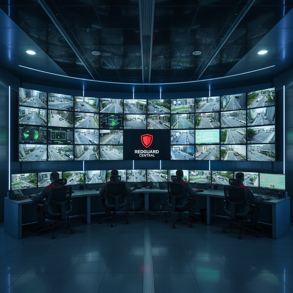 Kenyan security control room with multiple monitors showing camera feeds, professional security operations