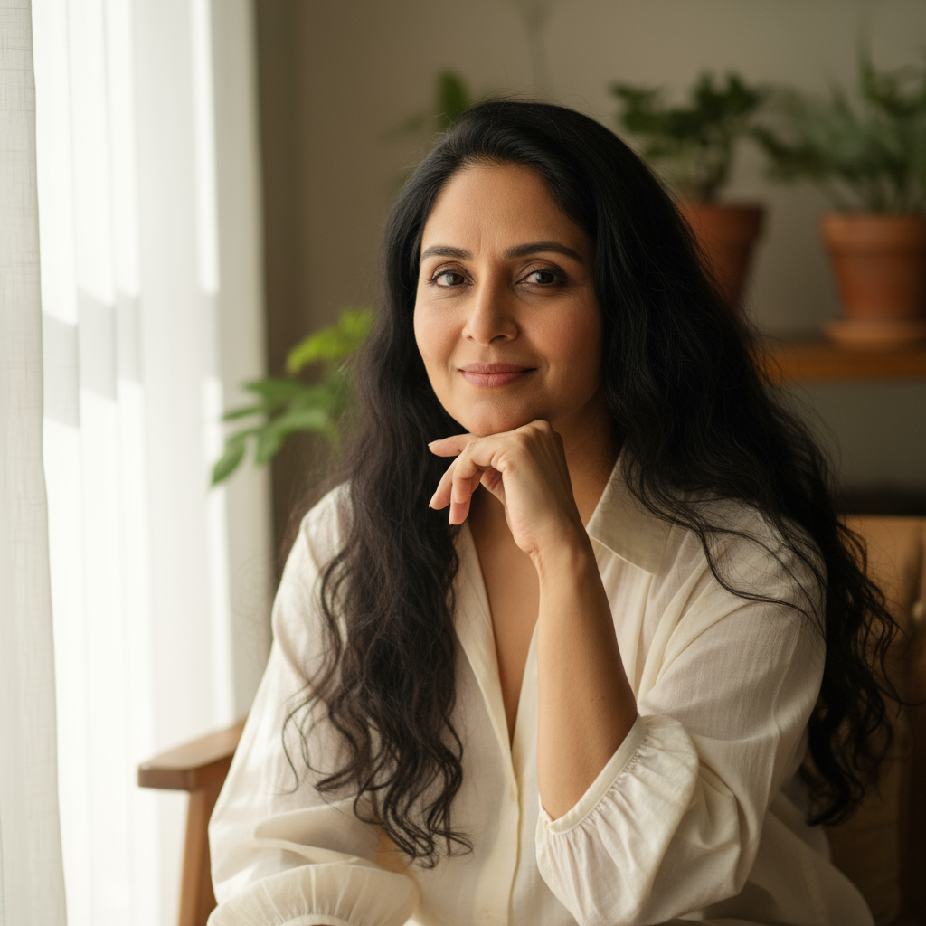 Priya Sharma, Indian woman smiling in casual clothing