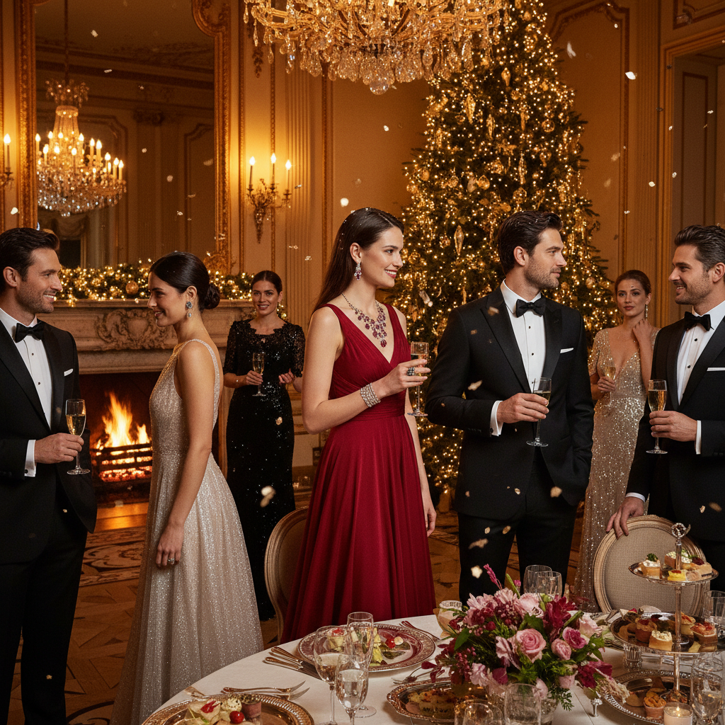 Glamorous holiday party setting with festive jewelry and warm lighting