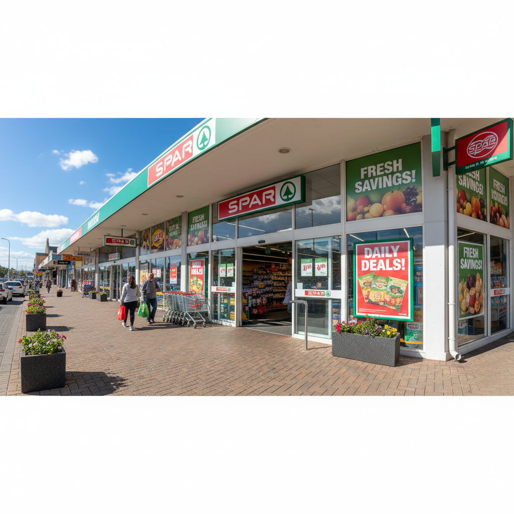 Warm neighbourhood convenience store exterior with wooden signage and welcoming entrance, sunny South African afternoon