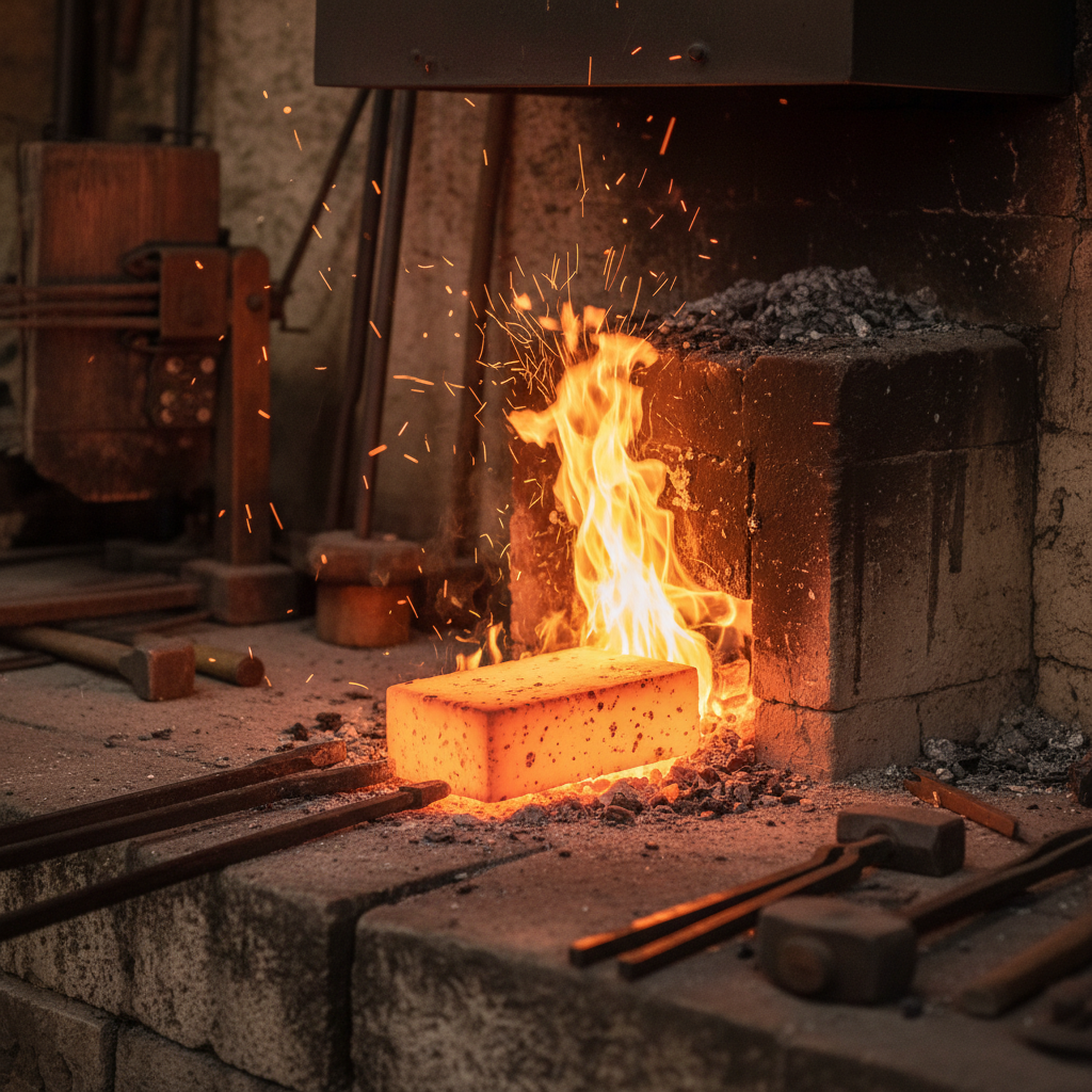 Blacksmith forging a katana with glowing embers