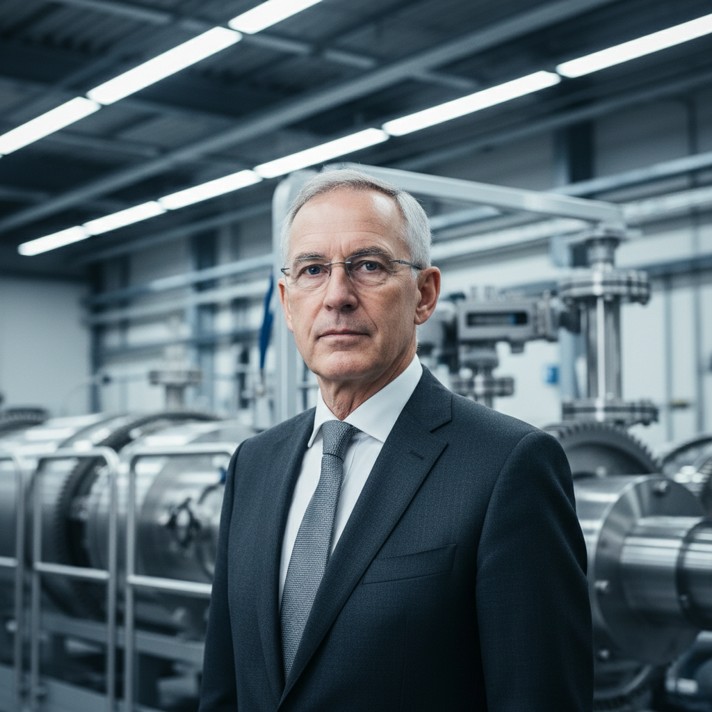 Senior male executive with gray hair in dark suit standing in industrial facility