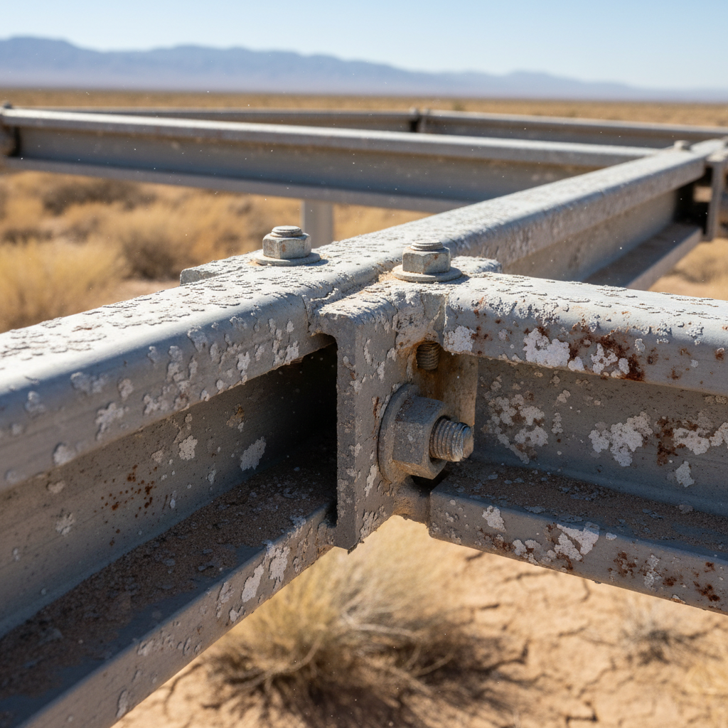 Close-up of weathered but structurally intact solar mounting rails after 20 years of desert exposure