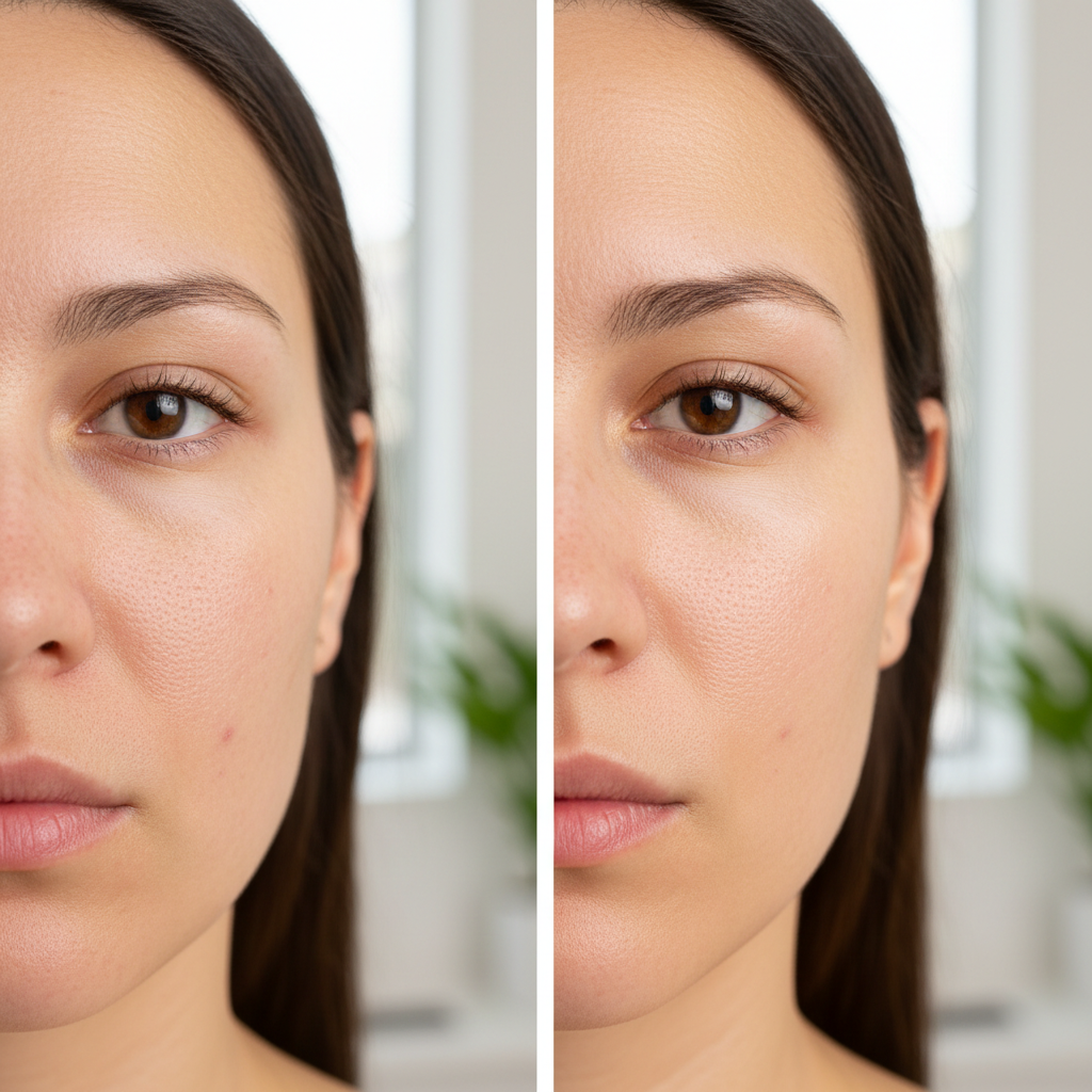 Before and after facial treatment showing radiant glowing skin transformation