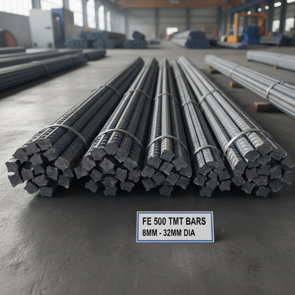 Bundle of TMT steel reinforcement bars stacked in warehouse, dark industrial background with metallic sheen