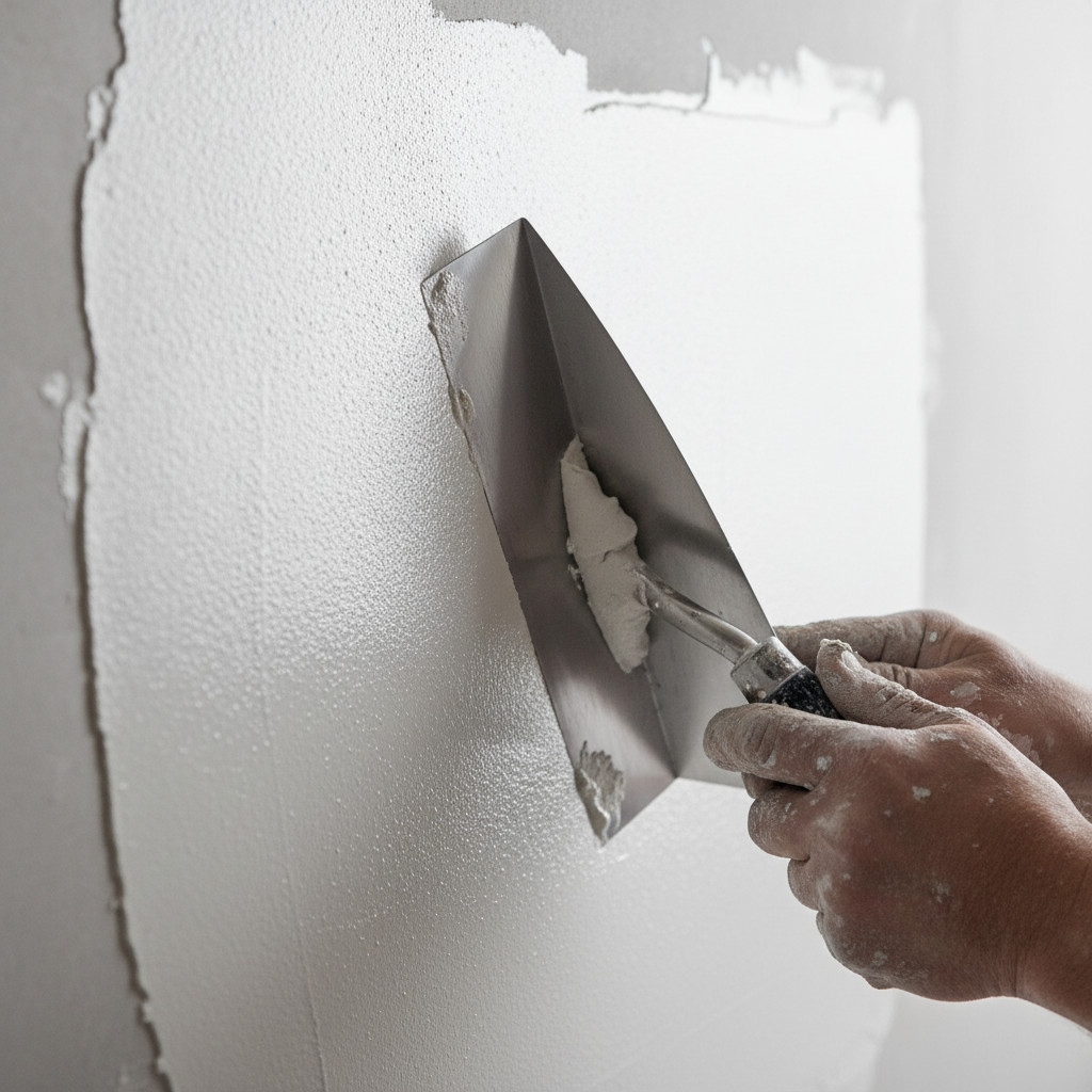 Craftsman applying smooth plaster finish to wall, professional technique close-up