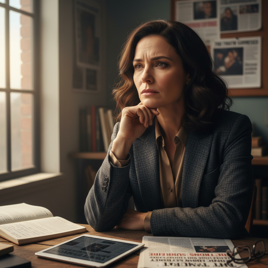 Thoughtful person in calm neutral office environment, soft window light, muted tones