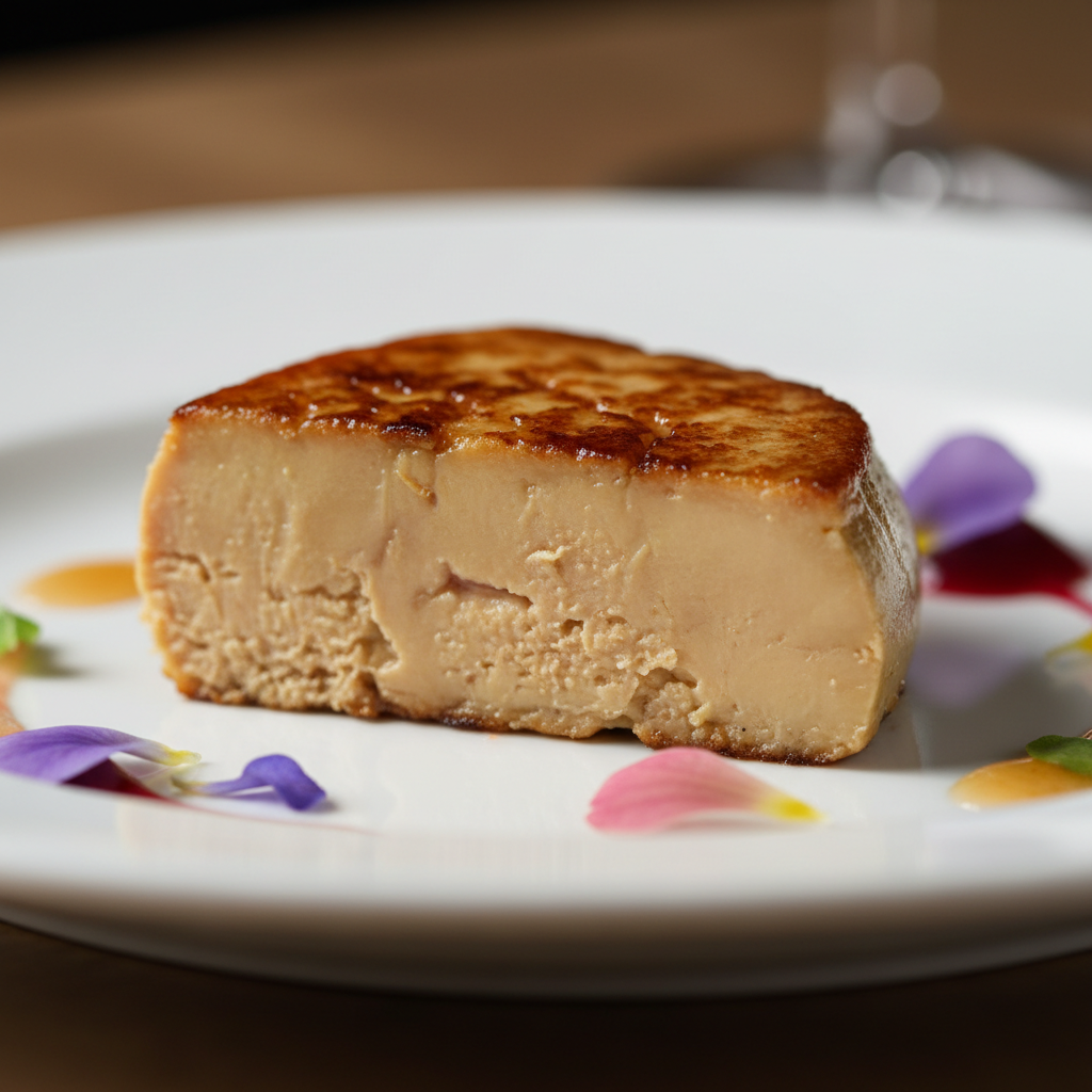 Seared foie gras on white porcelain plate with golden crust and dark balsamic glaze, dramatic studio lighting