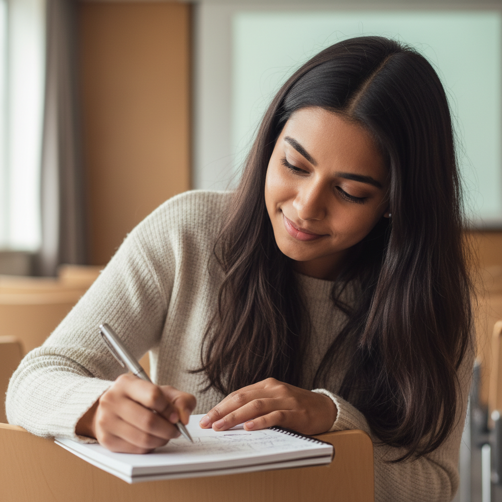Priya Krishnamurthy, a young South Asian woman with long dark hair, writing in a notebook at a seminar table