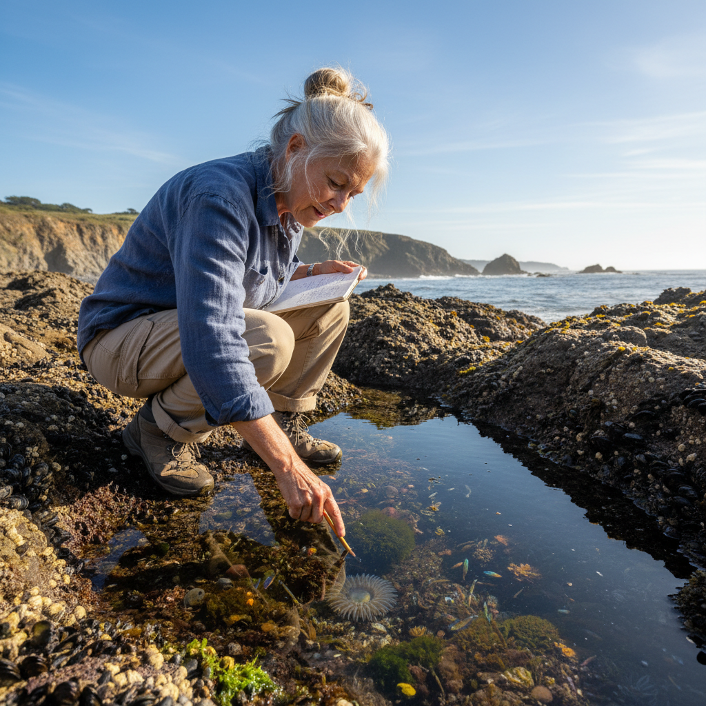 Older woman with silver hair crouching beside a tide pool, pointing at something in the water with a pencil