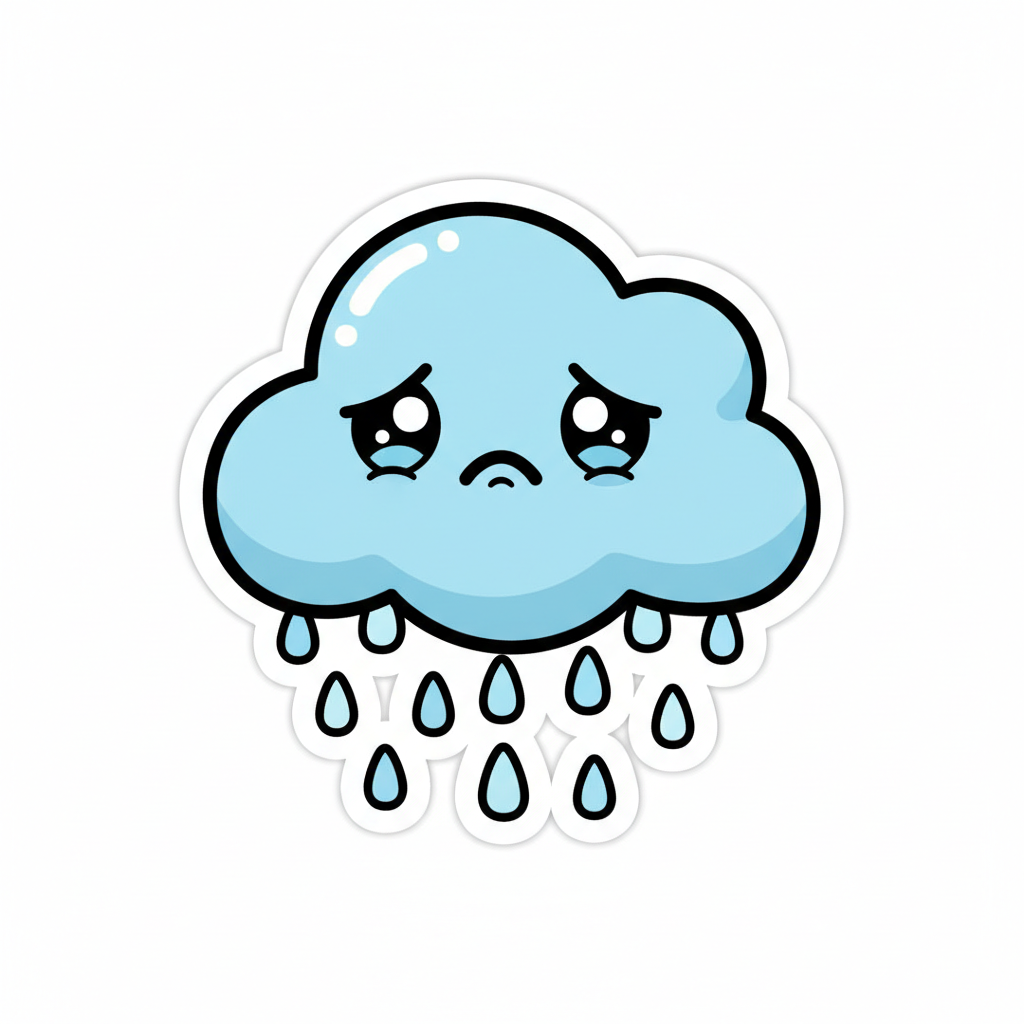 Cute sad cloud with raindrops illustration magnet in pastel blue tones