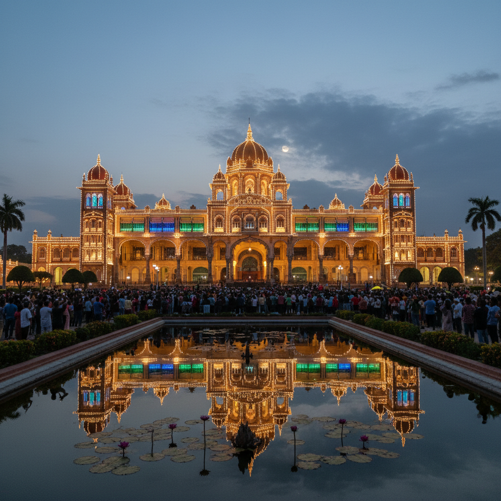 Illuminated Mysore Palace glowing golden at night with hundreds of light bulbs against dark blue sky