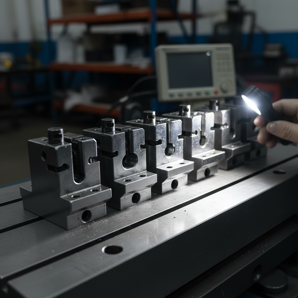 Progressive die under inspection lighting with stations gleaming in sequence on a machined steel surface