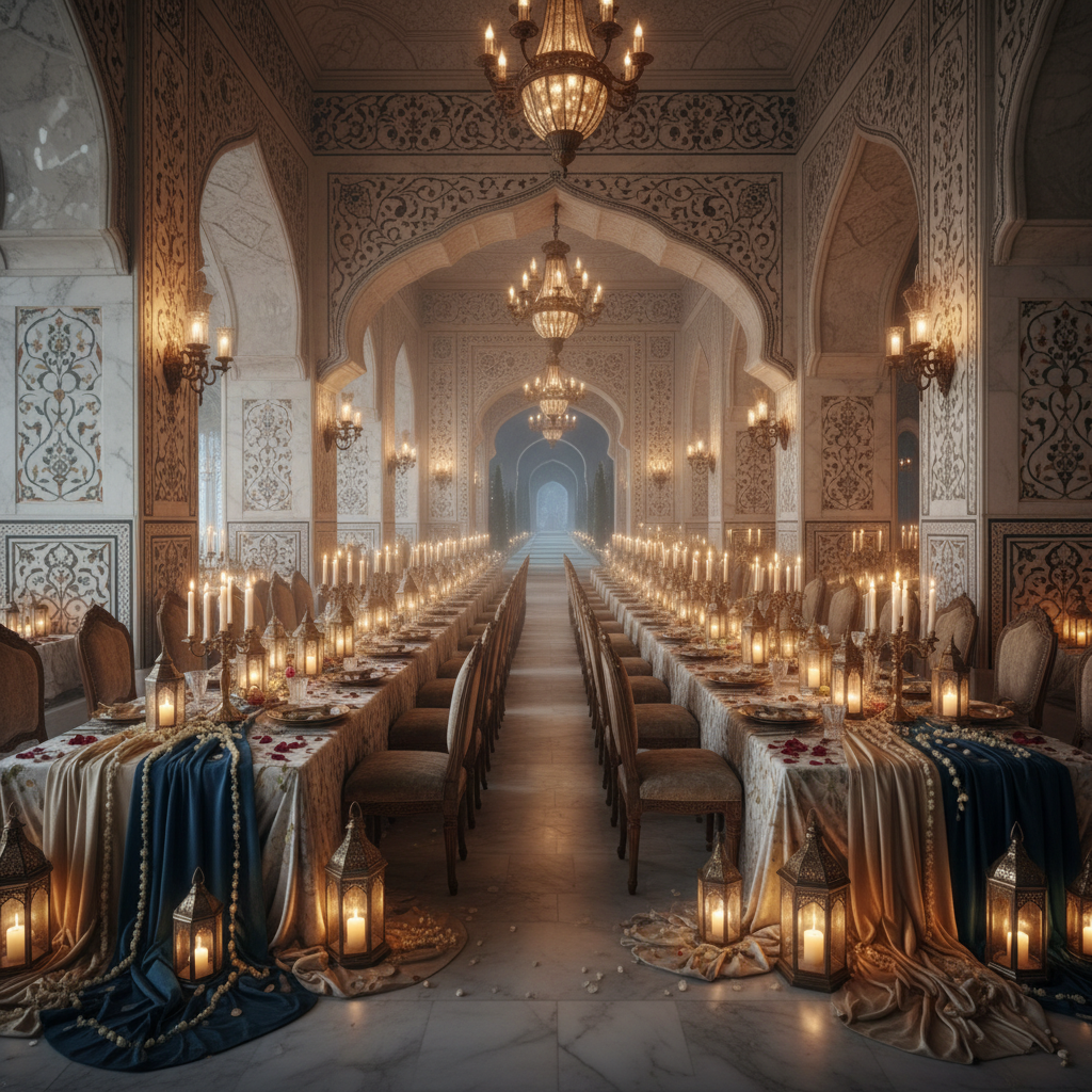 Elegant Indian restaurant dining room with warm candlelight, brass decorations and beautifully set tables, deep warm shadows