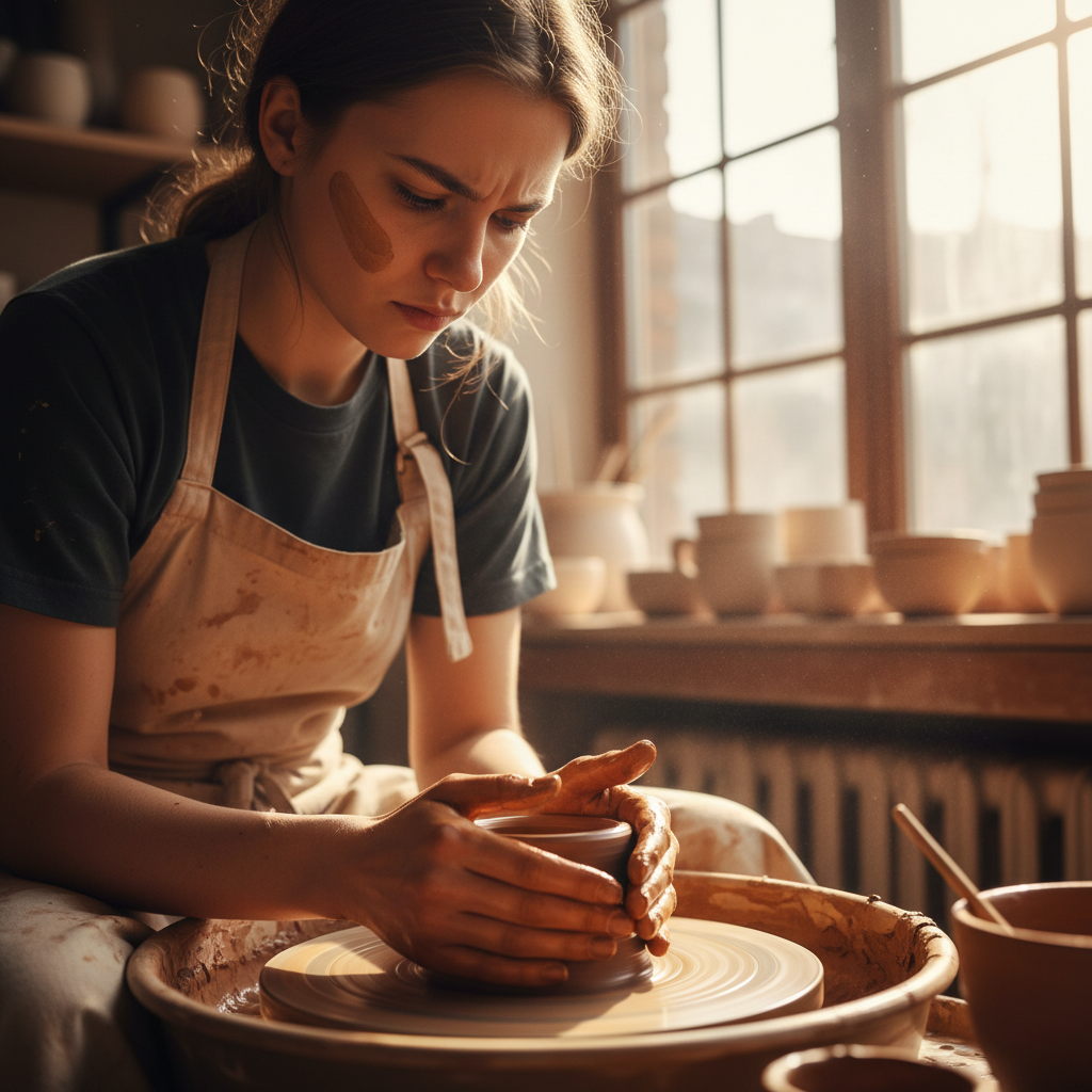 Hands shaping clay on pottery wheel, warm studio light, focused craftsmanship