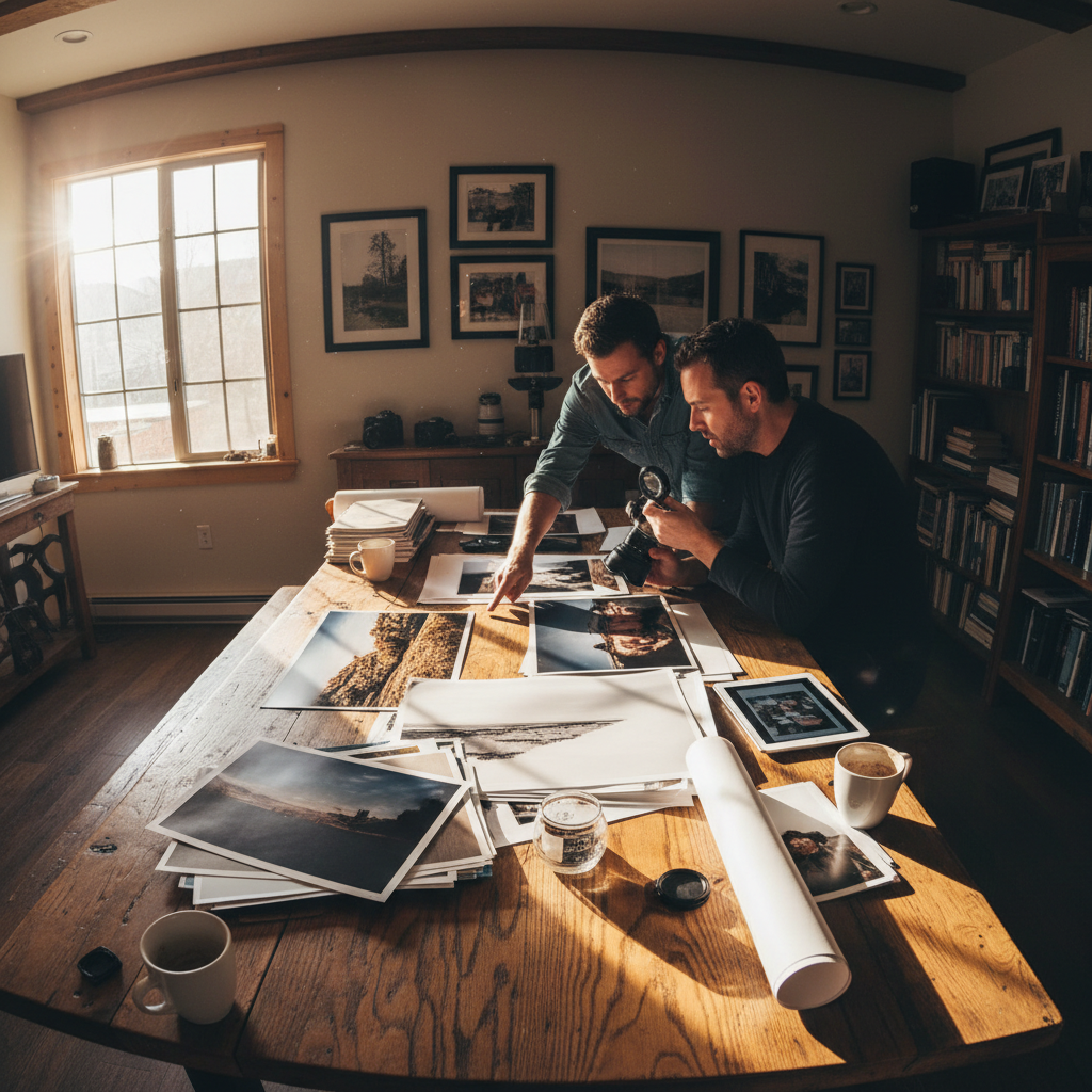 Two photographers reviewing prints together at a wooden table, sunlight streaming through window