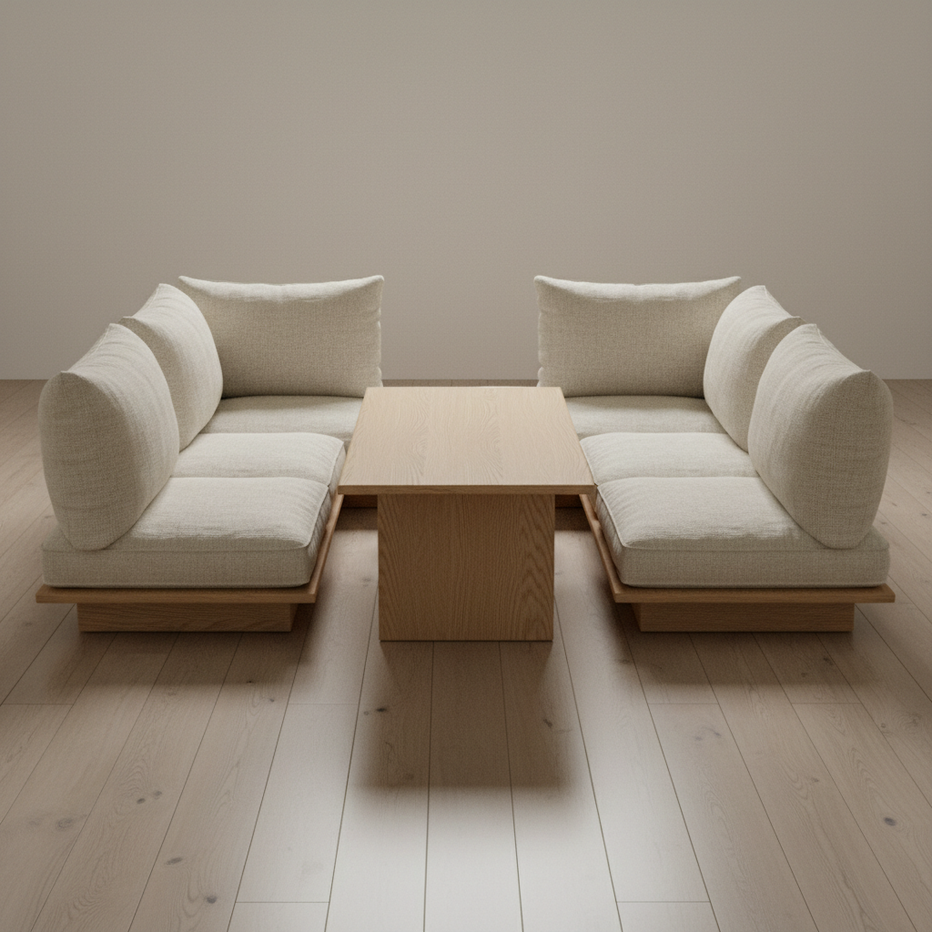 Minimalist floor seating set with natural linen cushions and low wooden table