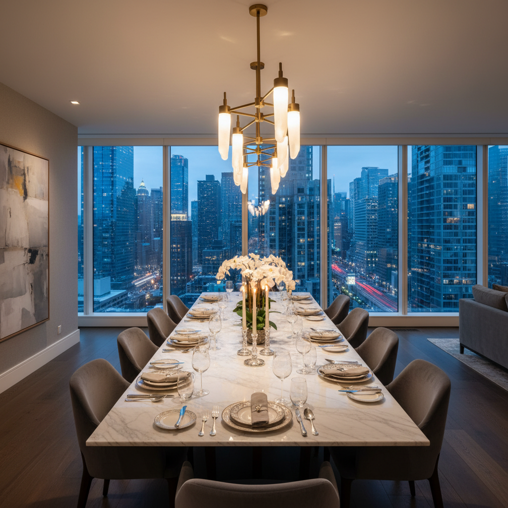 Luxury penthouse interior with panoramic city view, dark evening atmosphere, warm interior lighting, sophisticated furnishings