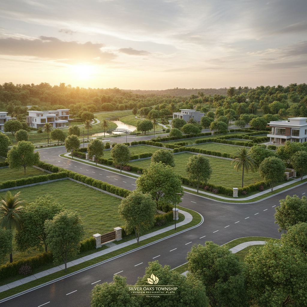 Aerial view of residential plotted development, lush green landscape, clear sunny day, bright well-lit environment