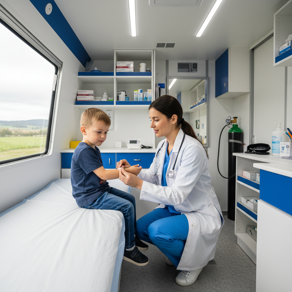 Doctor examining a child patient in a mobile clinic, caring and professional atmosphere, bright medical setting