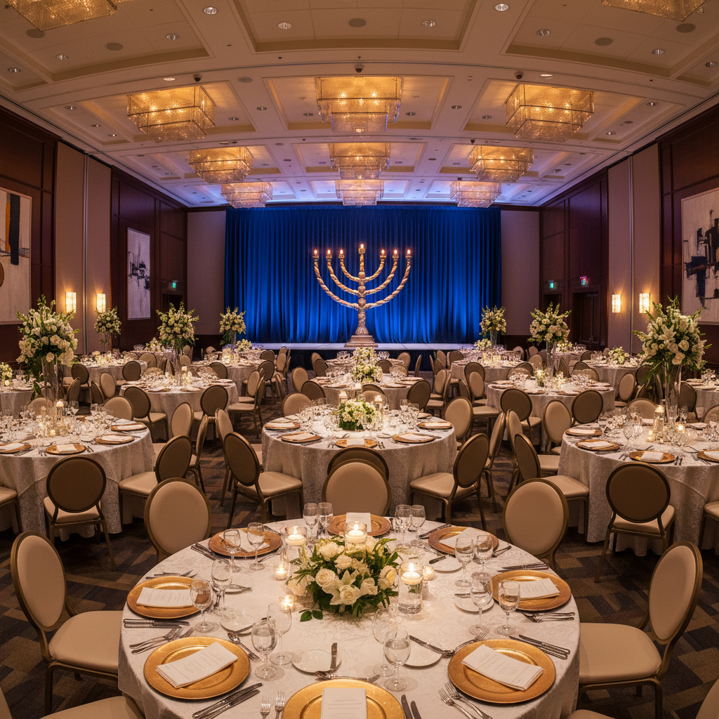 Upscale corporate event space with elegant lighting, round tables, and a stage with a large menorah display