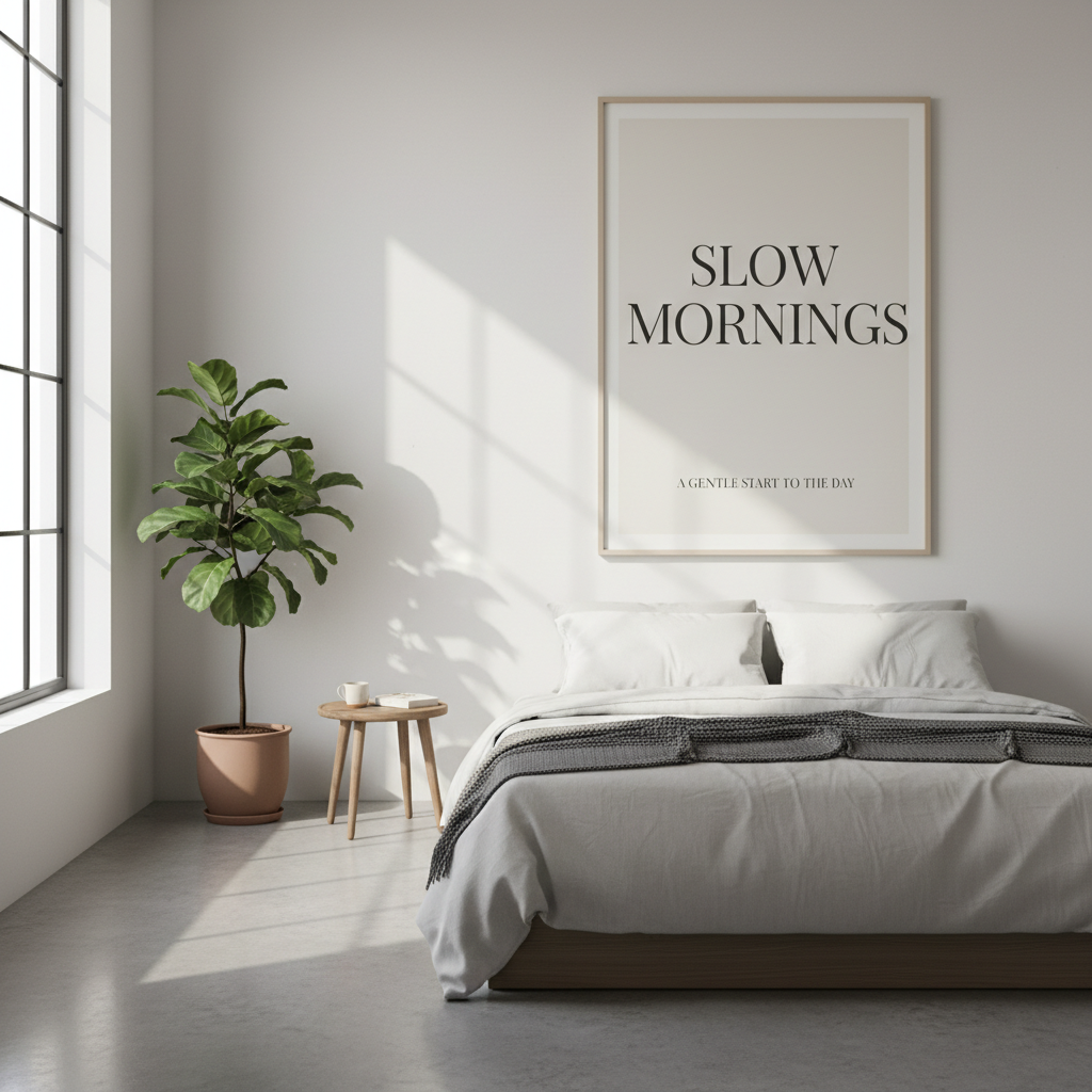 Minimalist morning light bedroom scene with intentional negative space and serif type — after lifestyle board cover