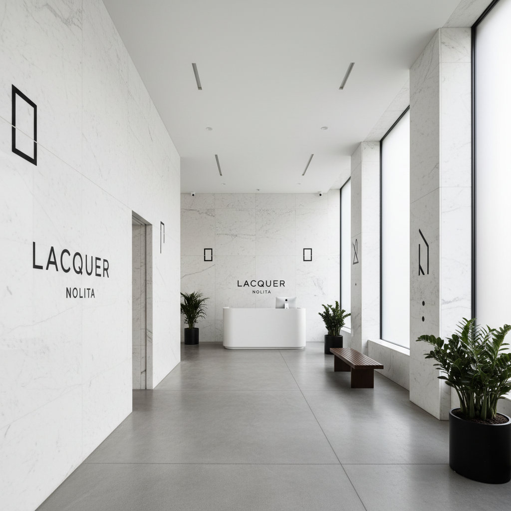 Lacquer Nolita studio interior with white marble walls and black minimalist signage