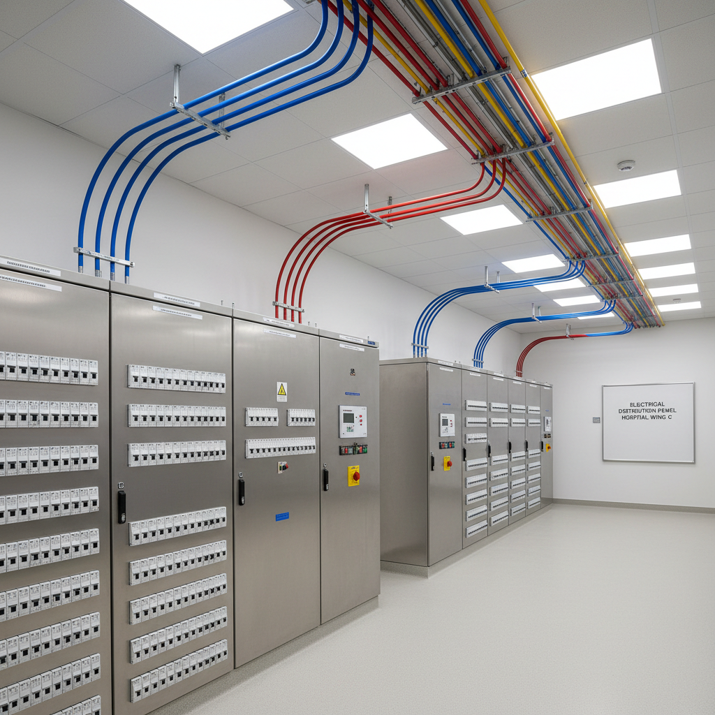 Clean electrical panel installation with organized wiring and circuit breakers in commercial office
