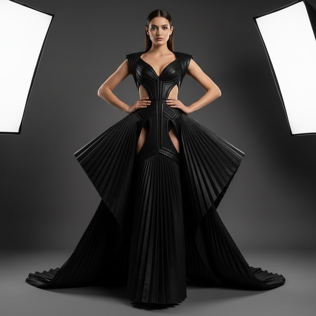 Dramatic crimson red silk couture gown with floor-length train in a dark luxury showroom, high fashion editorial