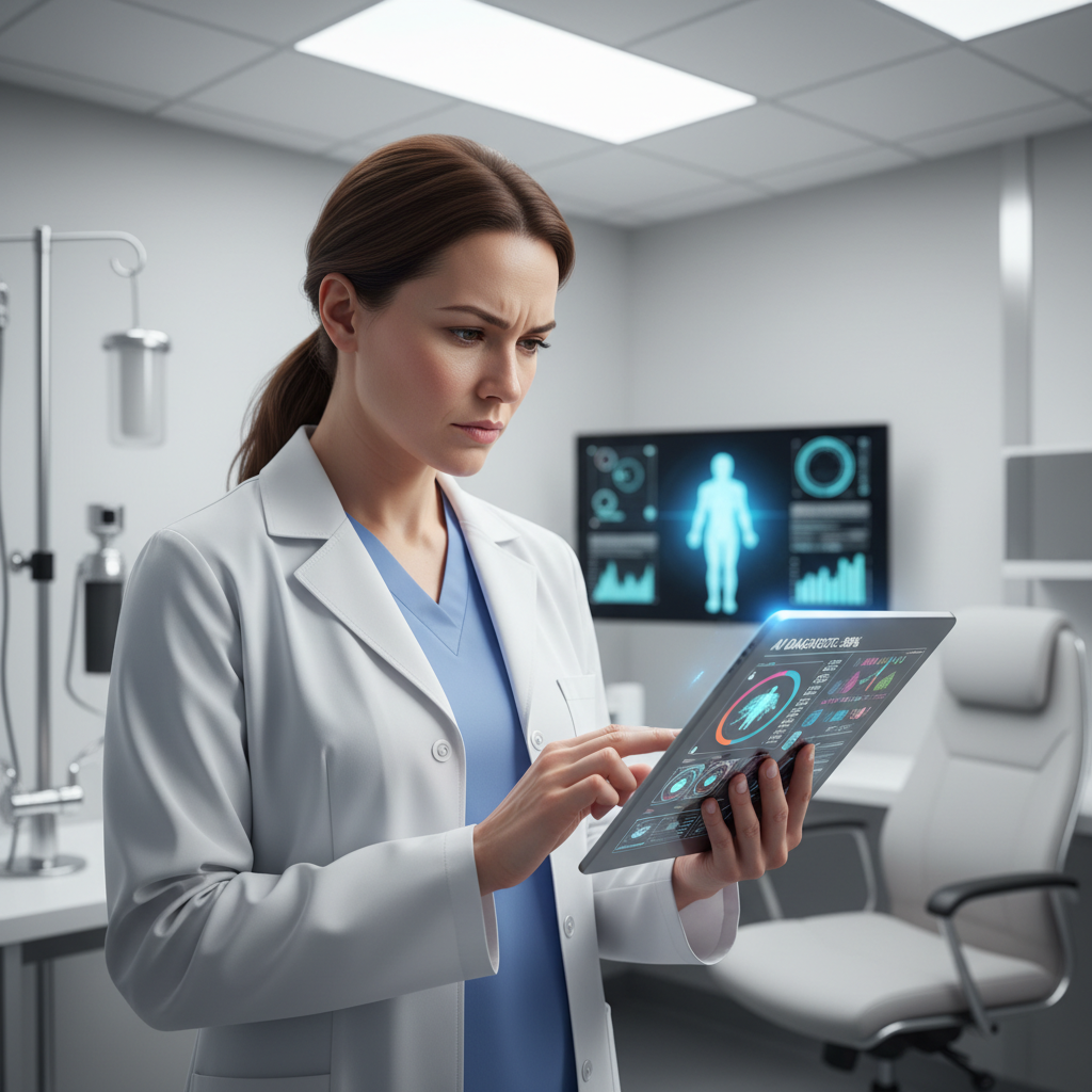 Doctor reviewing medical scan on digital tablet with AI diagnostic interface overlay in hospital setting