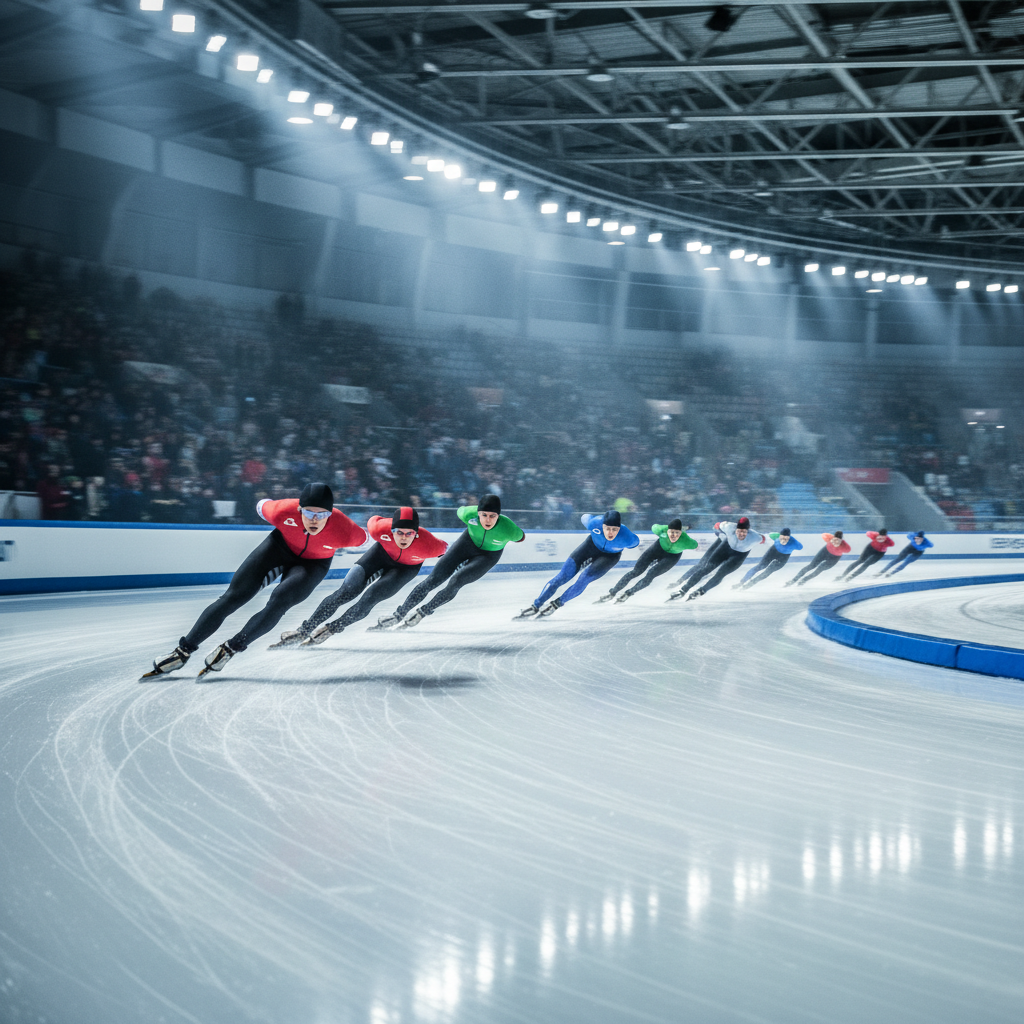 Speed skating competition with athletes on ice track under bright arena lights in an indoor oval venue