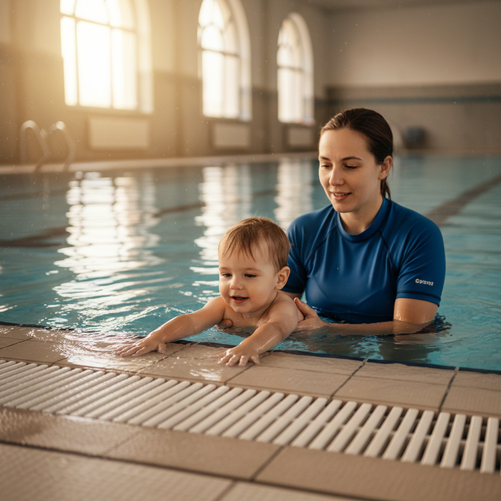 Instructor gently supporting a child at the pool edge with calm patient body language
