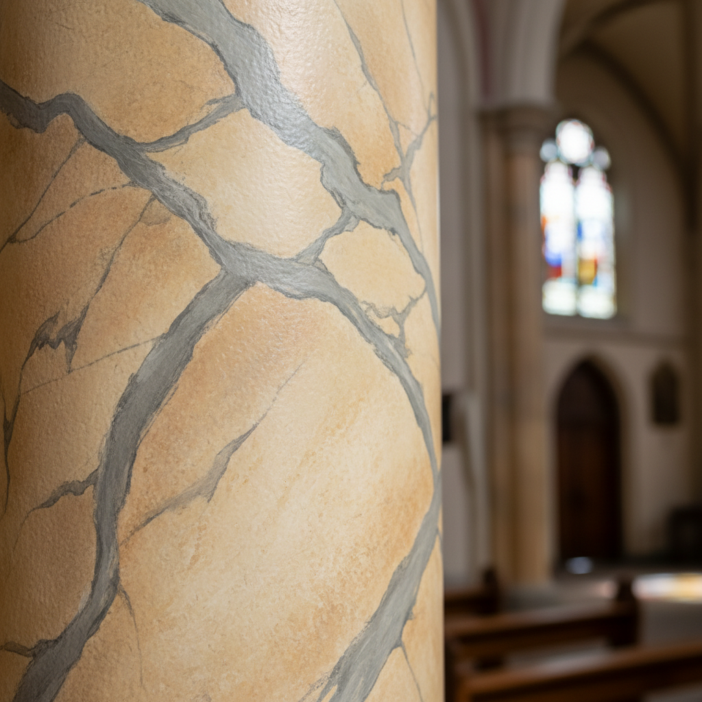 Church interior column with expertly painted faux marble finish in warm cream and grey veining