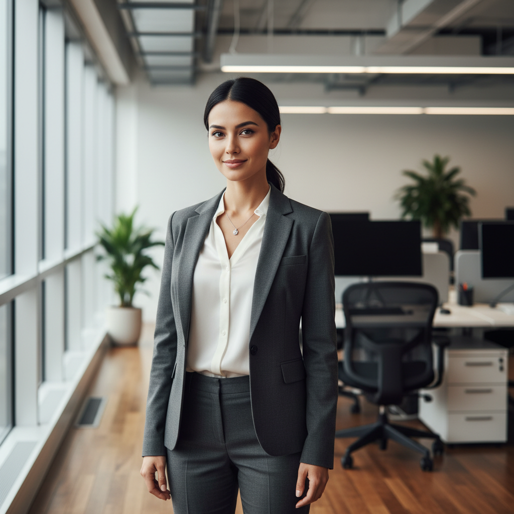 Portrait of Elena Kowalski, professional woman with light hair in modern office environment