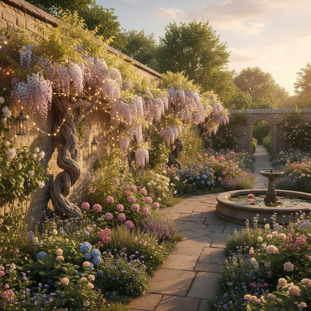 Lush private conservatory at golden hour, cream garden roses and cascading wisteria, warm diffused sunlight, unhurried luxury