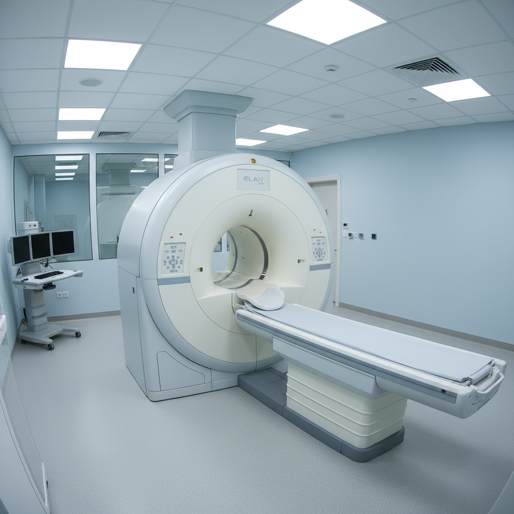 Large cylindrical MRI scanner in a bright white radiology room with blue ambient lighting and clean clinical walls