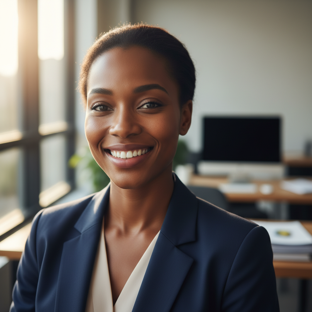 Black woman in professional blazer with confident smile in office