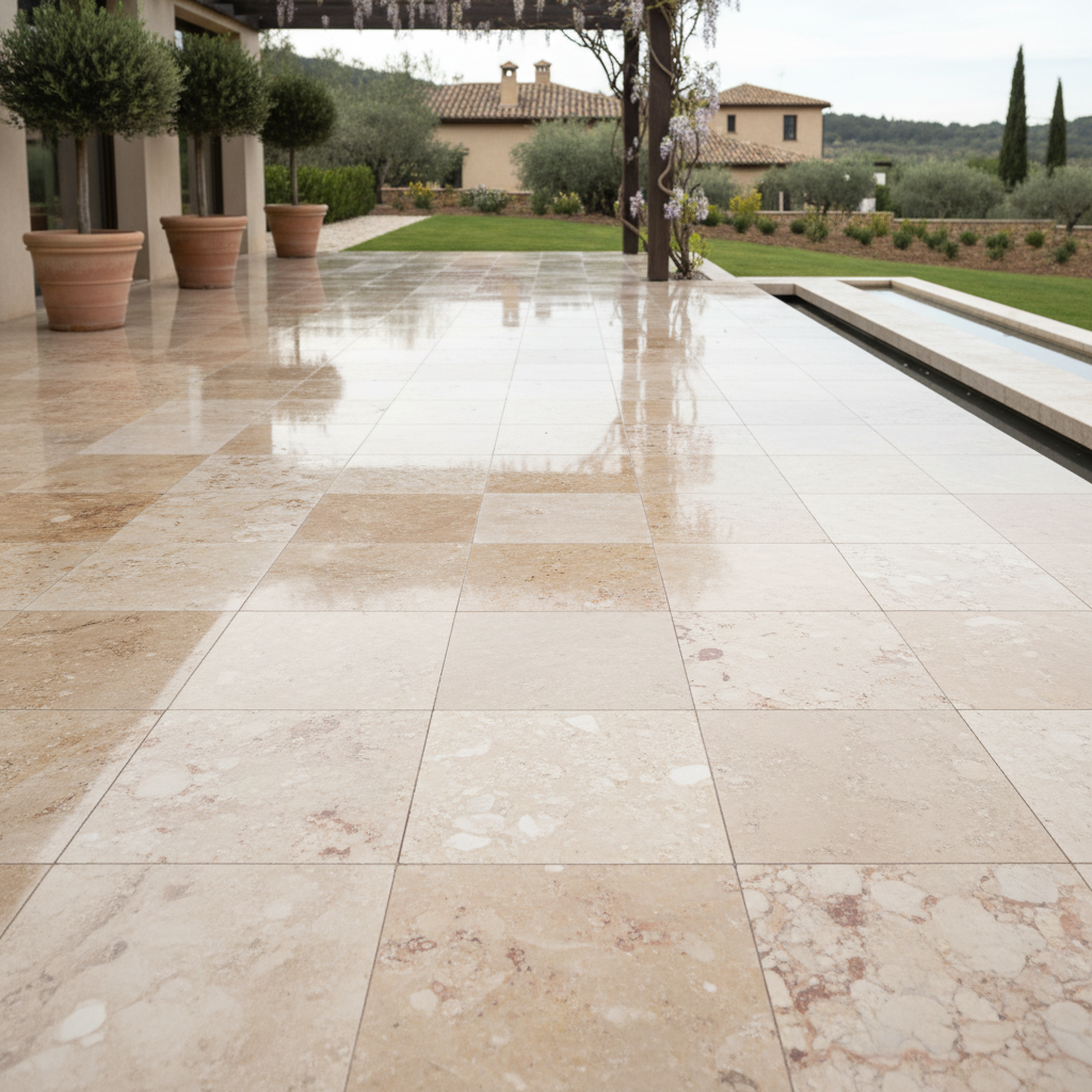 Polished travertine patio with natural stone beauty restored and protective sealant applied