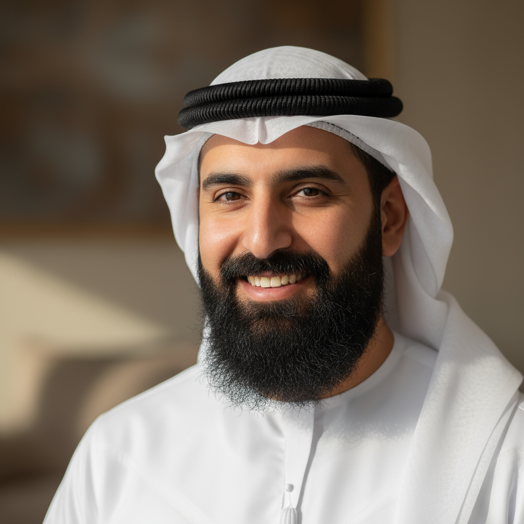 Middle Eastern male chef in white uniform and traditional toque hat smiling confidently in professional kitchen