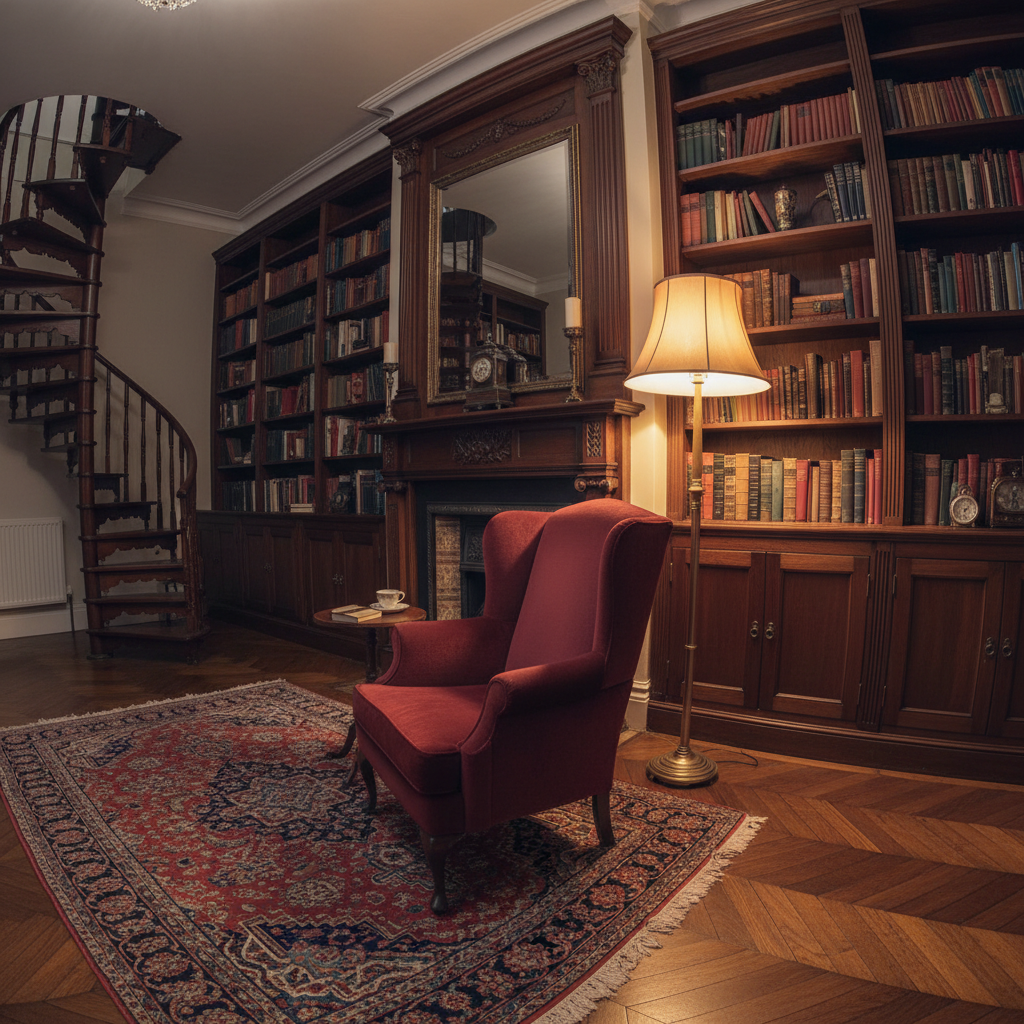 A warm Victorian townhouse living room in the early evening, floor lamp casting amber light, bookshelves along the wall, an empty armchair waiting