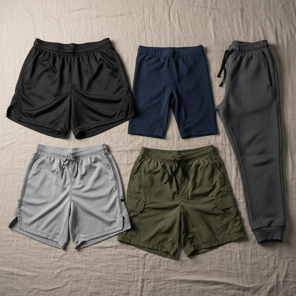 Black cargo pants and joggers flat lay, dark moody background, streetwear aesthetic