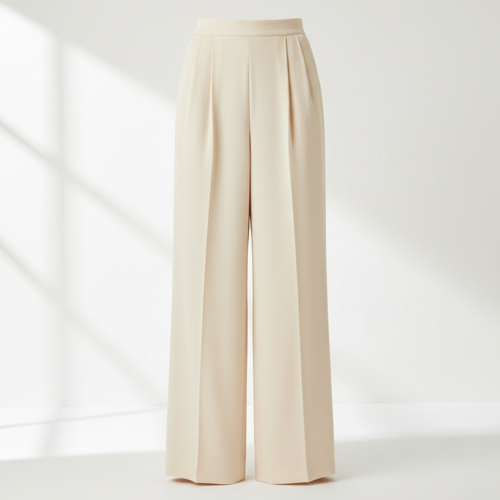 Wide-leg cream trousers modeled in bright open space