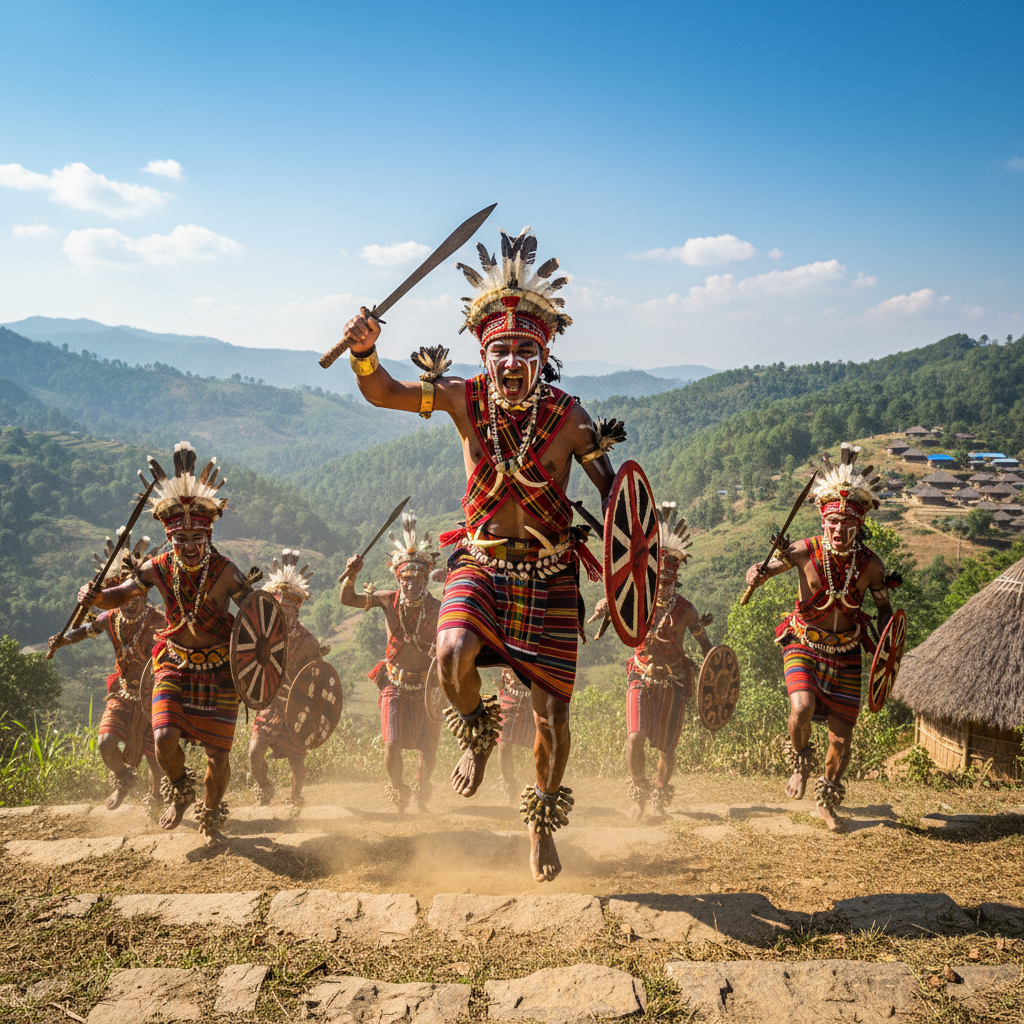 Tribal warriors in elaborate ceremonial costumes with colourful headdresses performing traditional dance at Hornbill festival
