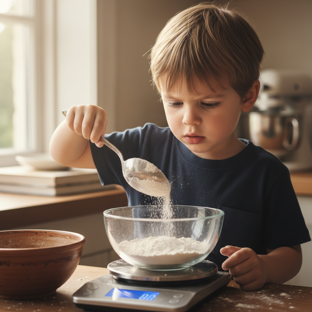 Young boy concentrating while carefully measuring flour on a kitchen scale