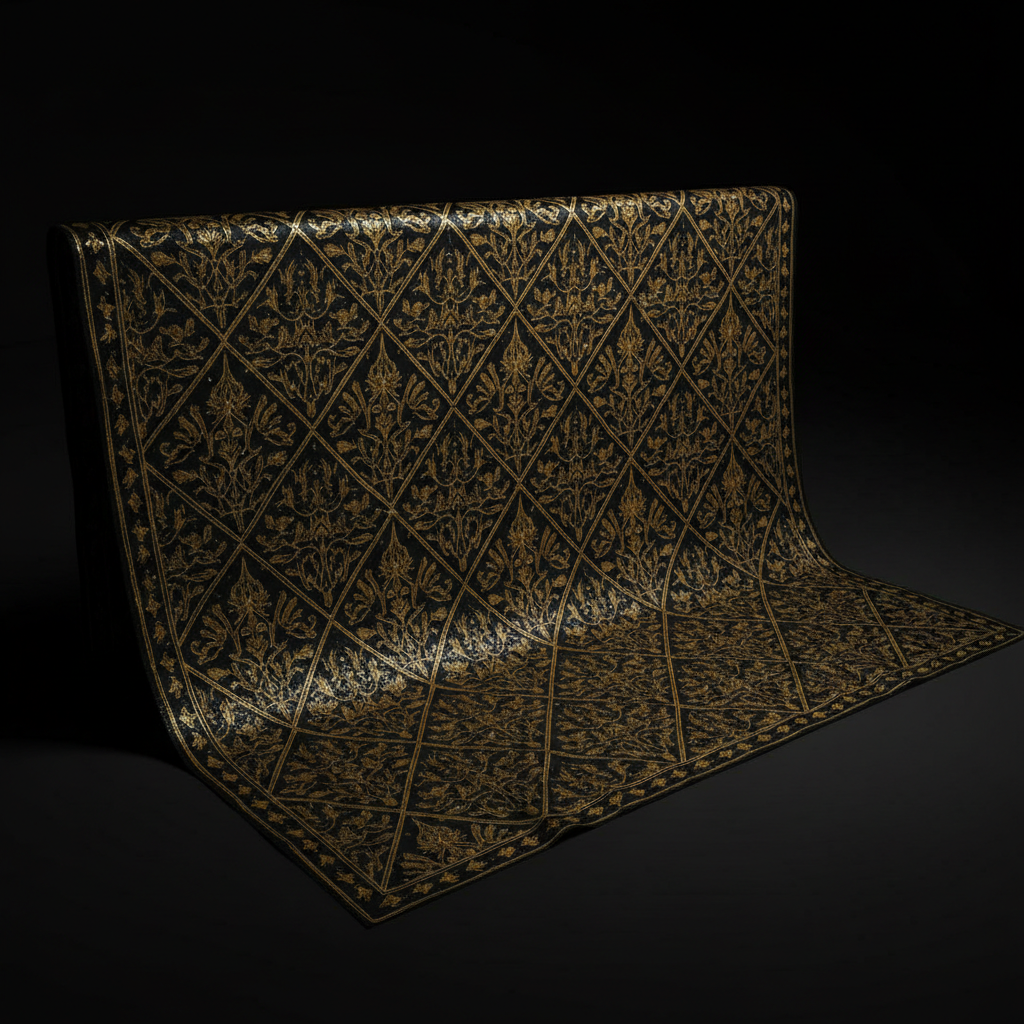 Elegant Indonesian batik fabric with intricate gold embroidery on dark background, luxurious textile art